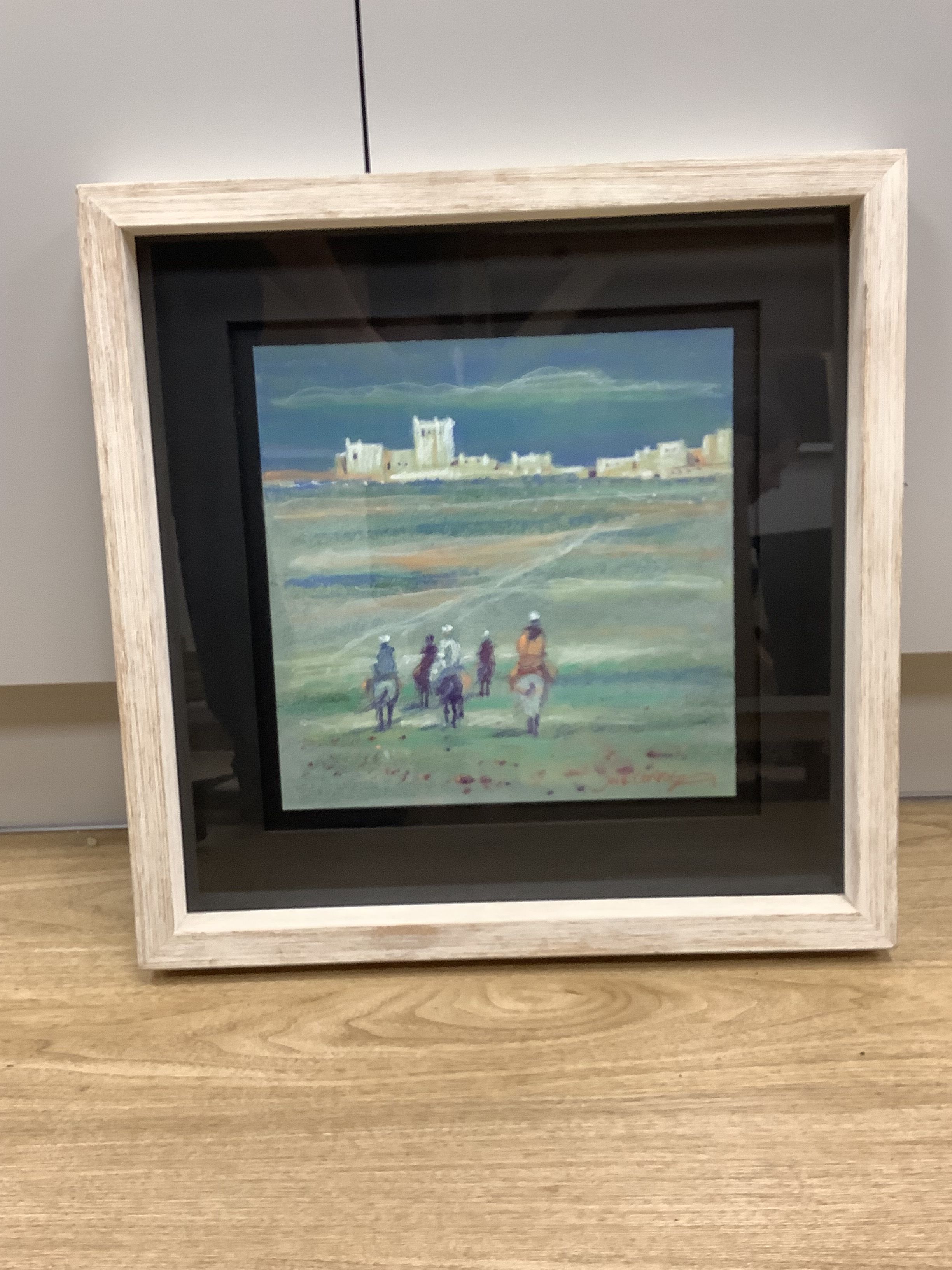 Jose Correa (French b. 1950), pastel, Five equestrian figures approaching a town, 30 x 30cm